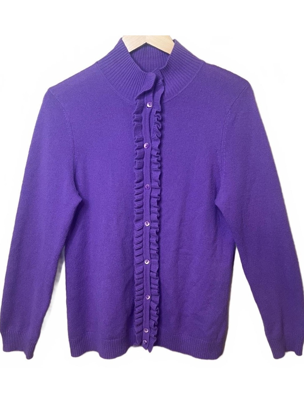 McDuff 100% Cashmere Cardigan Large Purple Ruffle Button Mock Neck Sweater